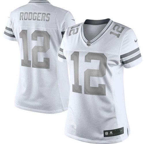 Women's Elite Aaron Rodgers Nike Jersey White - #12 Platinum NFL Green Bay Packers